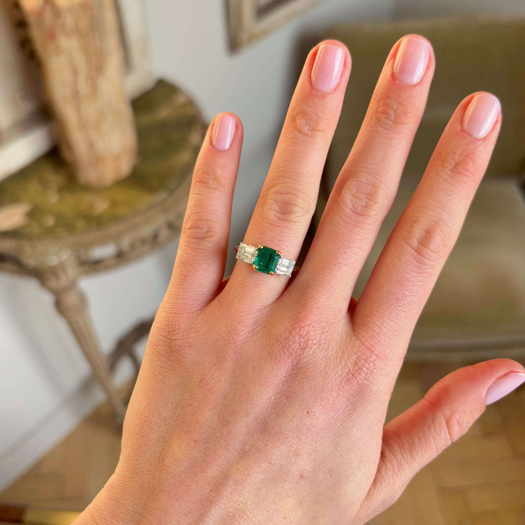 Luxury Jewelry Two Tone Three Stone Emerald Cut Emerald & White Sapphire Engagement Rings