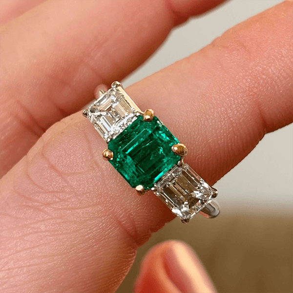 Luxury Jewelry Two Tone Three Stone Emerald Cut Emerald & White Sapphire Engagement Rings