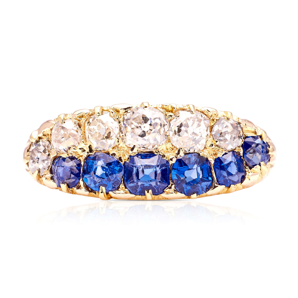 Luxury Jewelry Golden Double Row Cushion Cut Blue & White Sapphire Half Eternity Wedding Band For Women