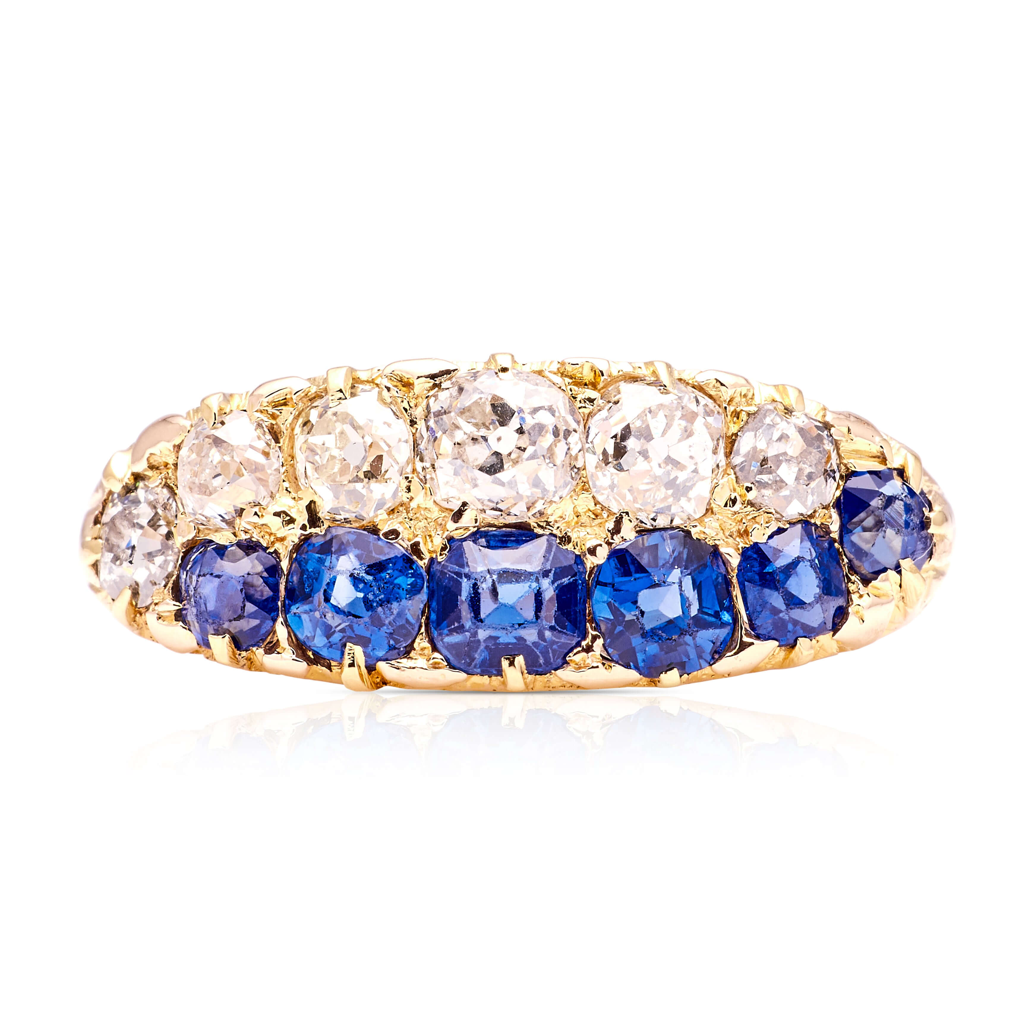 Luxury Jewelry Golden Double Row Cushion Cut Blue & White Sapphire Half Eternity Wedding Band For Women