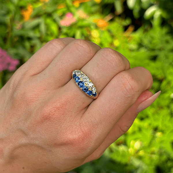 Luxury Jewelry Golden Double Row Cushion Cut Blue & White Sapphire Half Eternity Wedding Band For Women