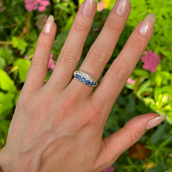 Luxury Jewelry Golden Double Row Cushion Cut Blue & White Sapphire Half Eternity Wedding Band For Women