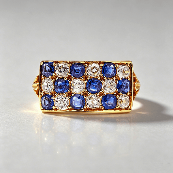 Luxury Jewelry Golden Antique Design Round Cut Blue & White Sapphire Half Eternity Wedding Band For Women