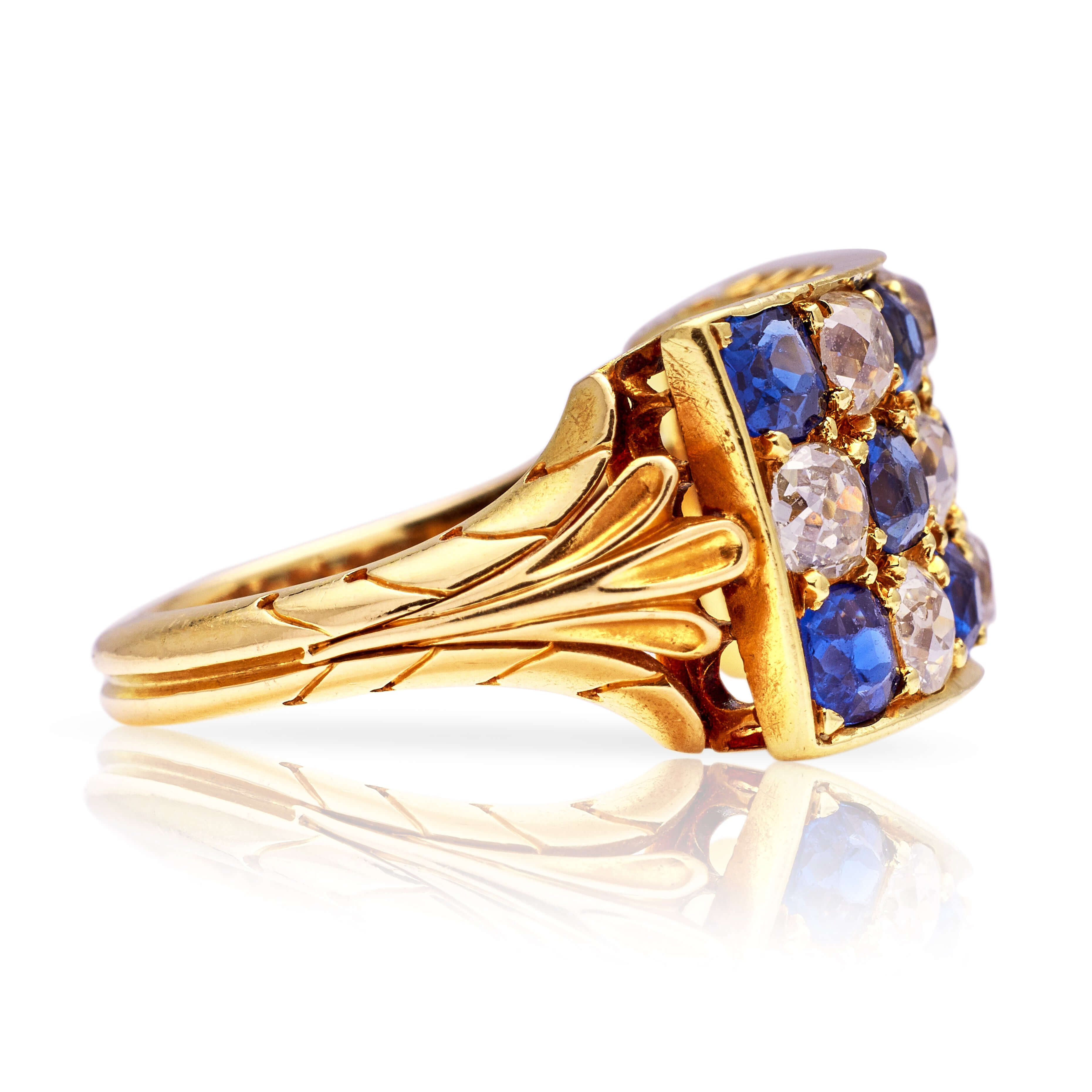 Luxury Jewelry Golden Antique Design Round Cut Blue & White Sapphire Half Eternity Wedding Band For Women