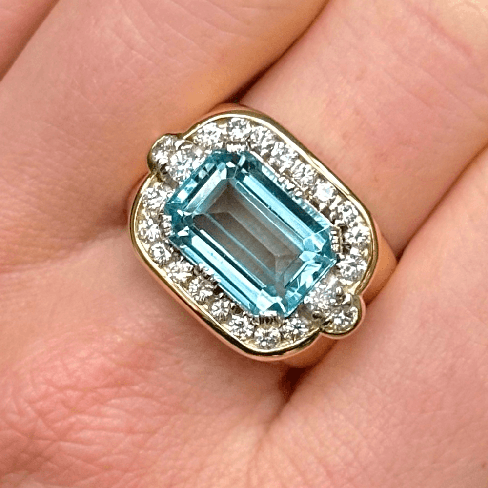 Luxury Jewelry Two Tone Antique Design Emerald Cut Aquamarine Sapphire Engagement Rings