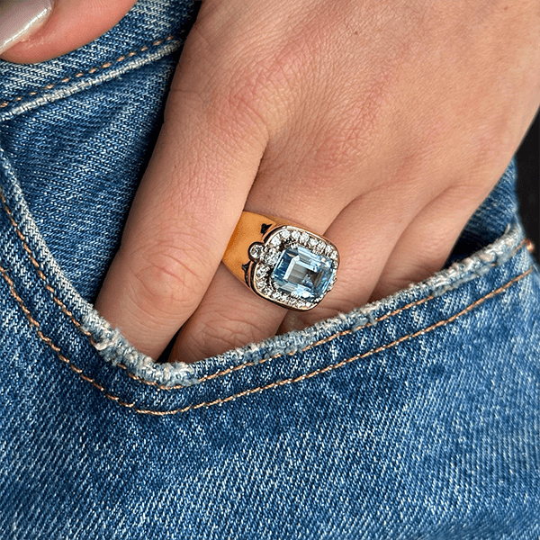Luxury Jewelry Two Tone Antique Design Emerald Cut Aquamarine Sapphire Engagement Rings