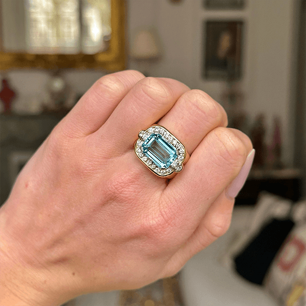 Luxury Jewelry Two Tone Antique Design Emerald Cut Aquamarine Sapphire Engagement Rings