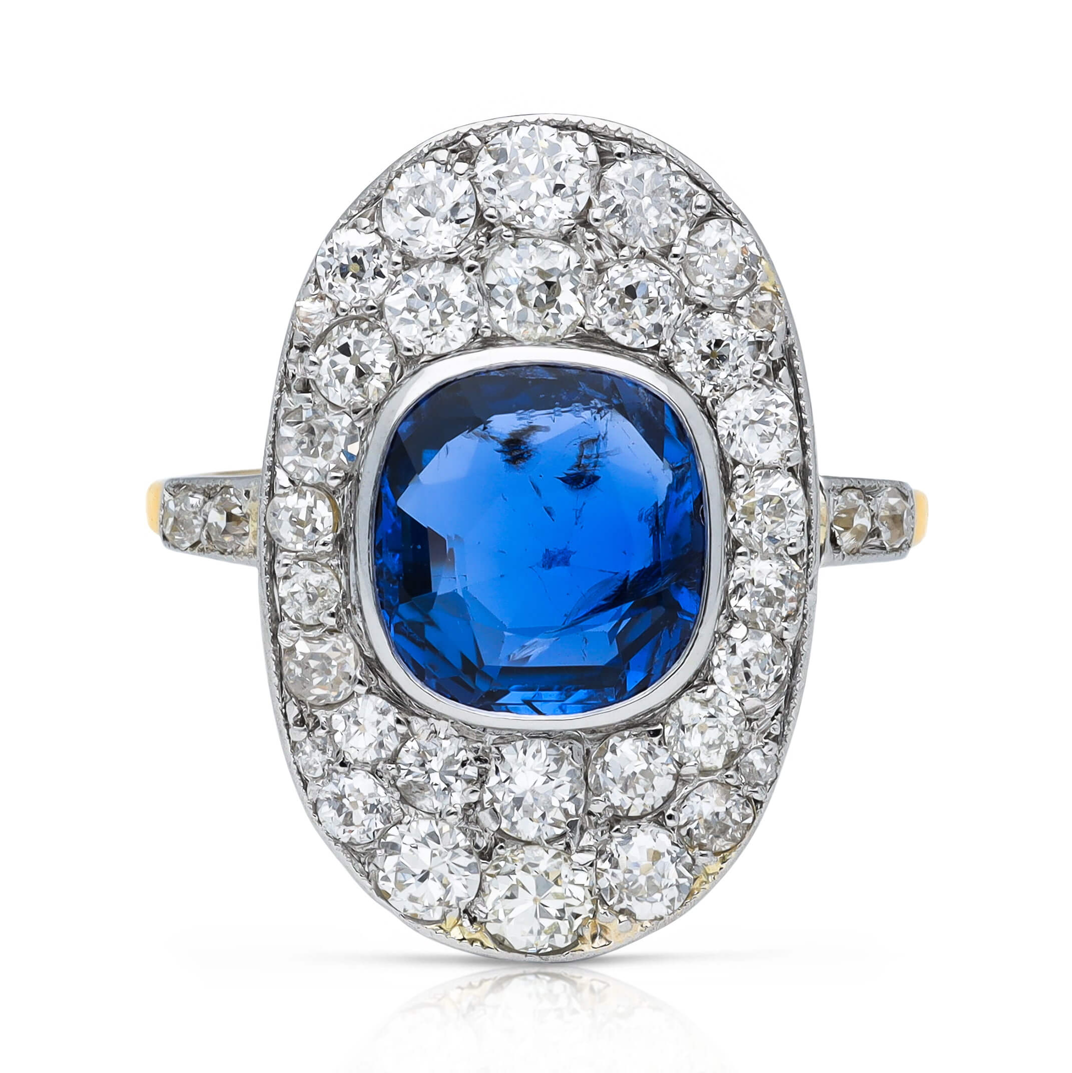 Luxury Jewelry Two Tone Antique Design Halo Cushion Cut Blue & White Sapphire Engagement Rings