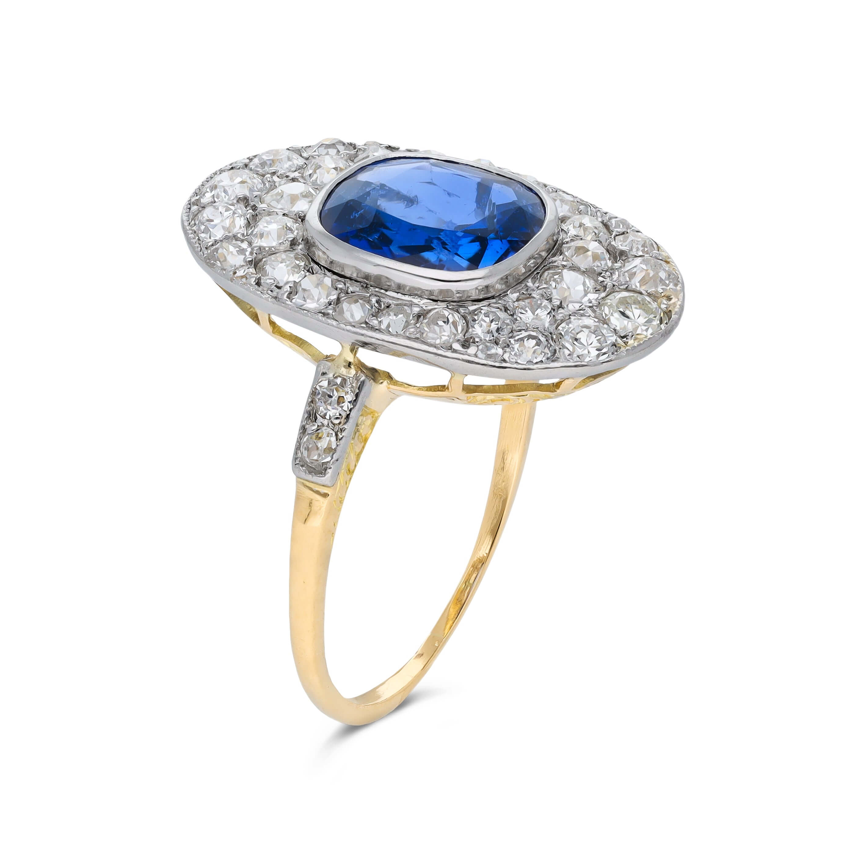 Luxury Jewelry Two Tone Antique Design Halo Cushion Cut Blue & White Sapphire Engagement Rings