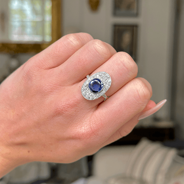 Luxury Jewelry Two Tone Antique Design Halo Cushion Cut Blue & White Sapphire Engagement Rings