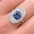 Luxury Jewelry Two Tone Antique Design Halo Cushion Cut Blue & White Sapphire Engagement Rings