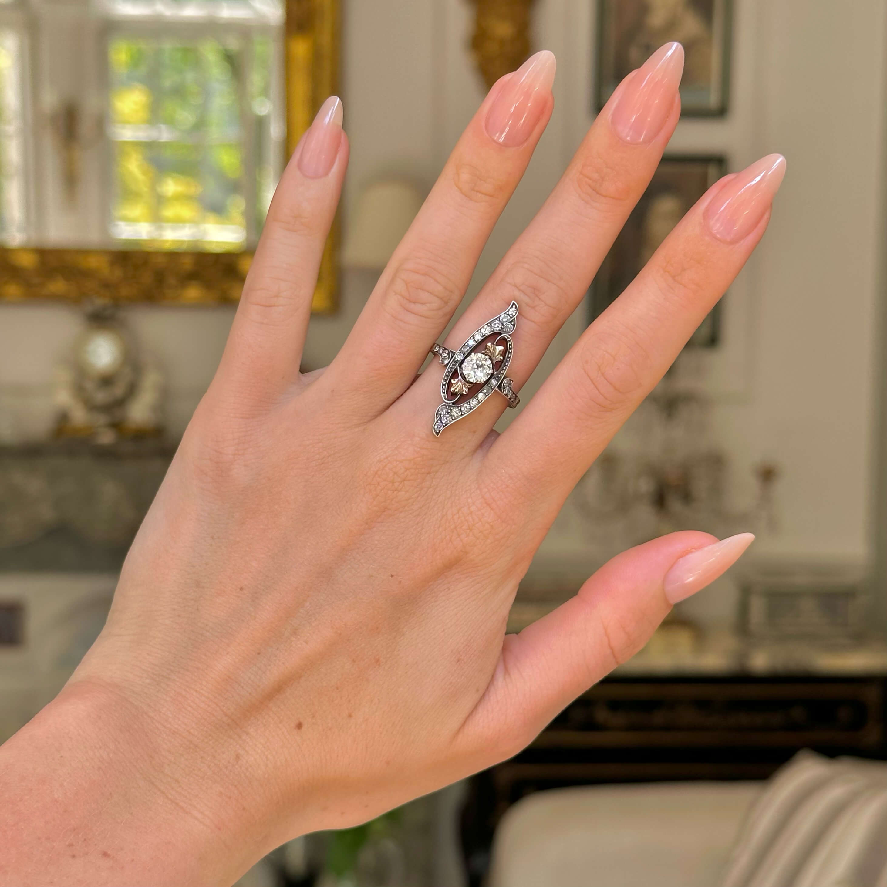 Luxury Jewelry Two Tone Art Nouveau Design Round Cut White Sapphire Engagement Rings