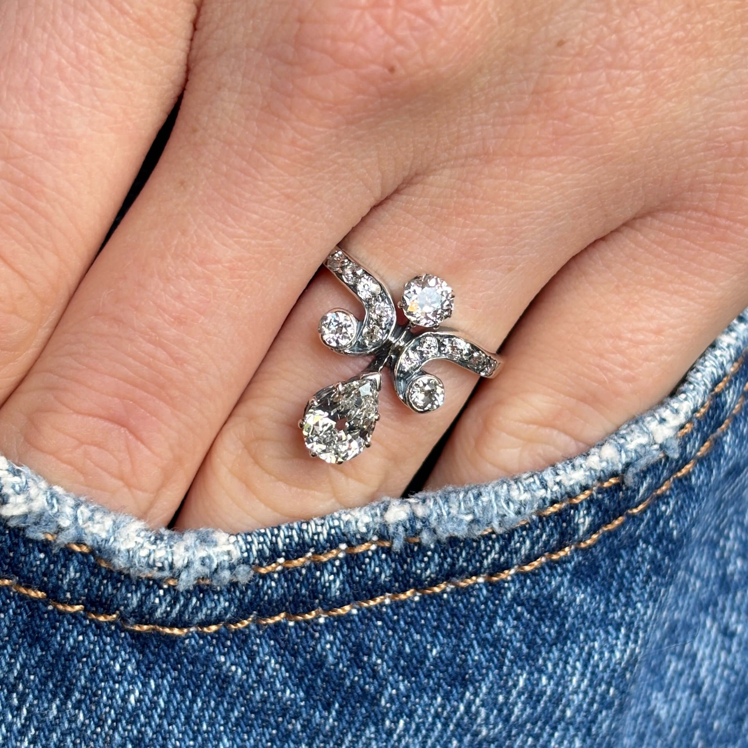 Luxury Jewelry Two Tone Vintage Design Pear & Round Cut White Sapphire Engagement Rings