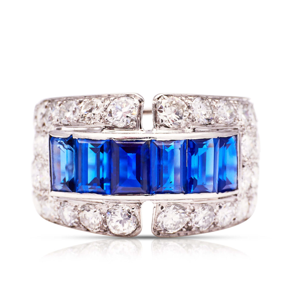 Luxury Jewelry Art Deco Emerald & Round Cut Blue & White Sapphire Half Eternity Wedding Band For Women