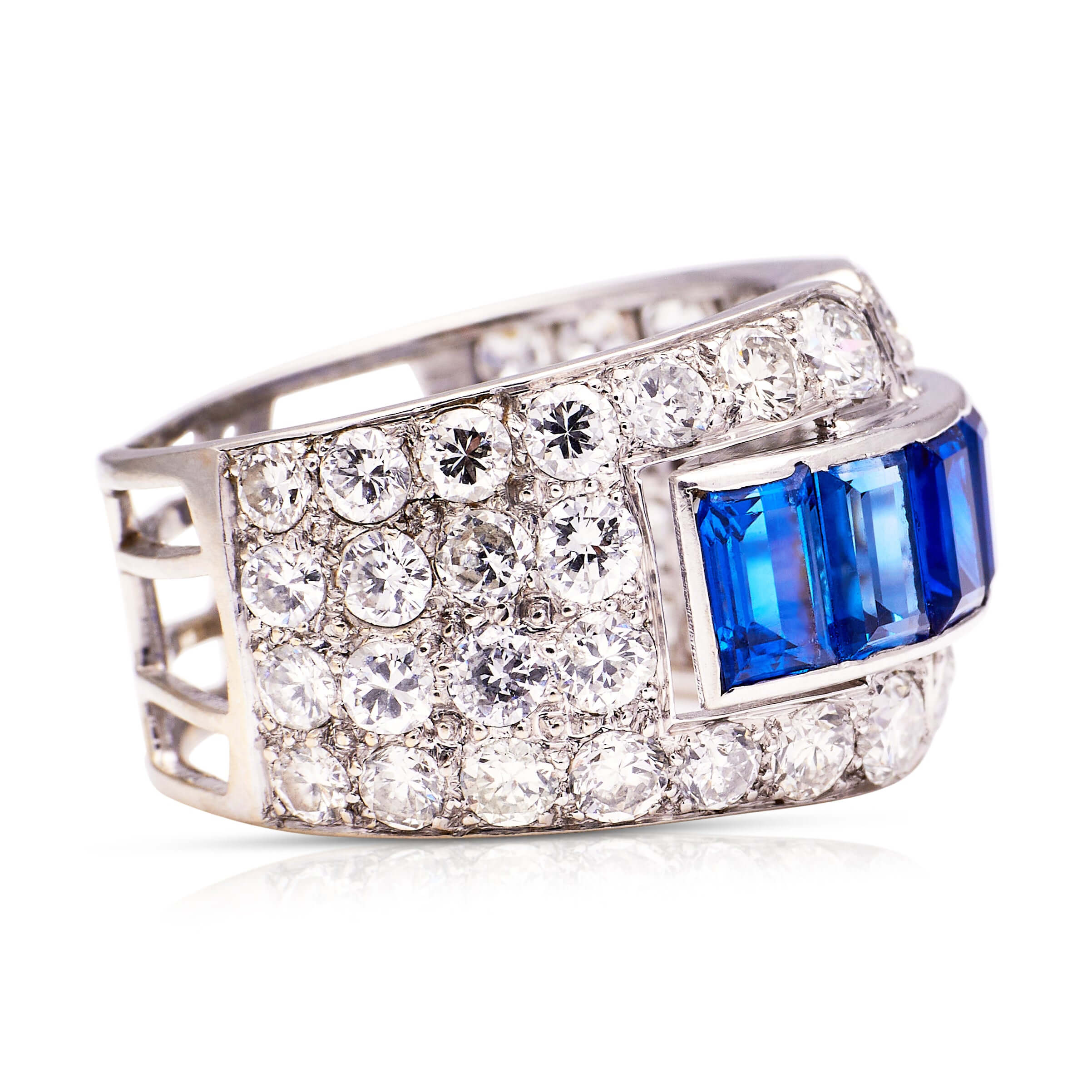Luxury Jewelry Art Deco Emerald & Round Cut Blue & White Sapphire Half Eternity Wedding Band For Women