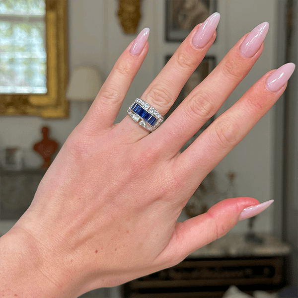 Luxury Jewelry Art Deco Emerald & Round Cut Blue & White Sapphire Half Eternity Wedding Band For Women