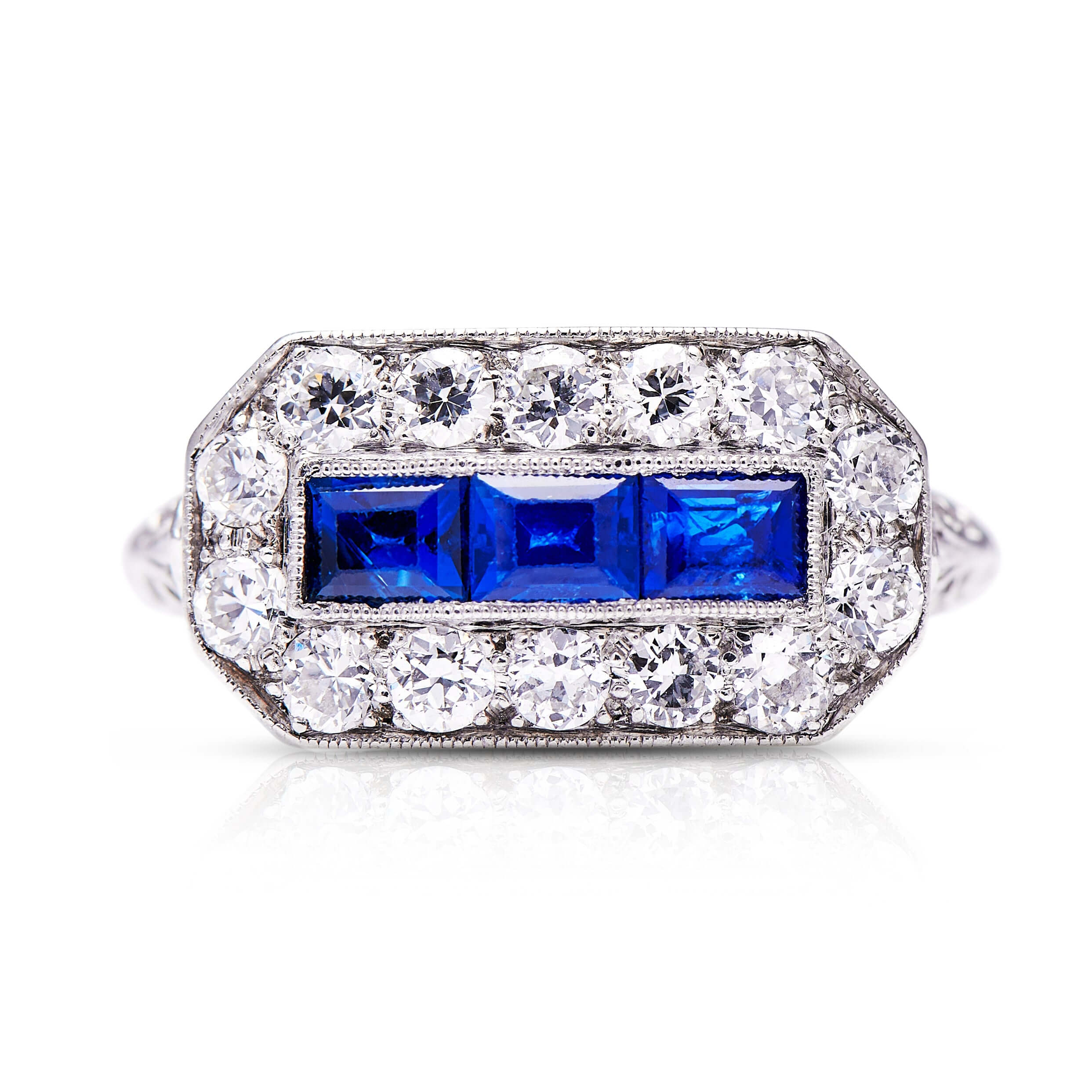 Luxury Jewelry Art Deco Halo Baguette & Round Cut Blue & White Sapphire Half Eternity Wedding Band For Women