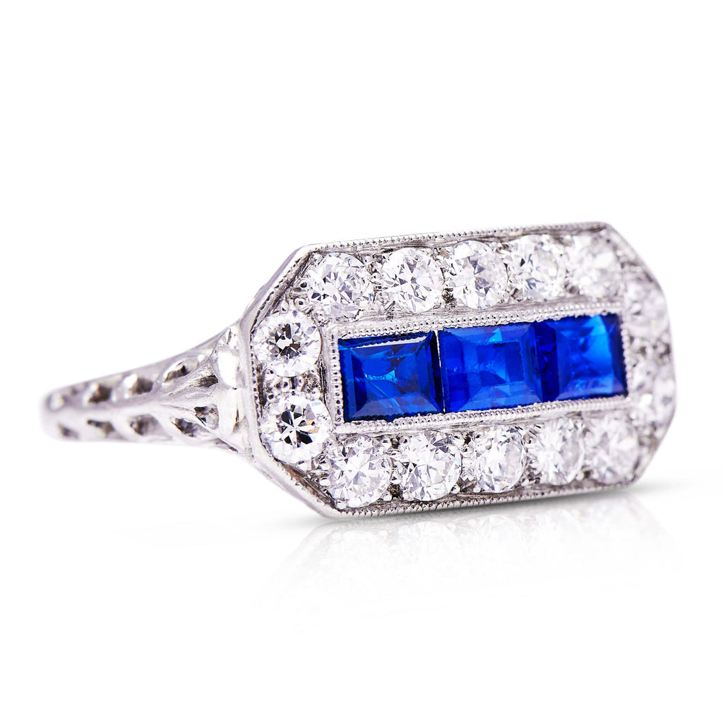 Luxury Jewelry Art Deco Halo Baguette & Round Cut Blue & White Sapphire Half Eternity Wedding Band For Women
