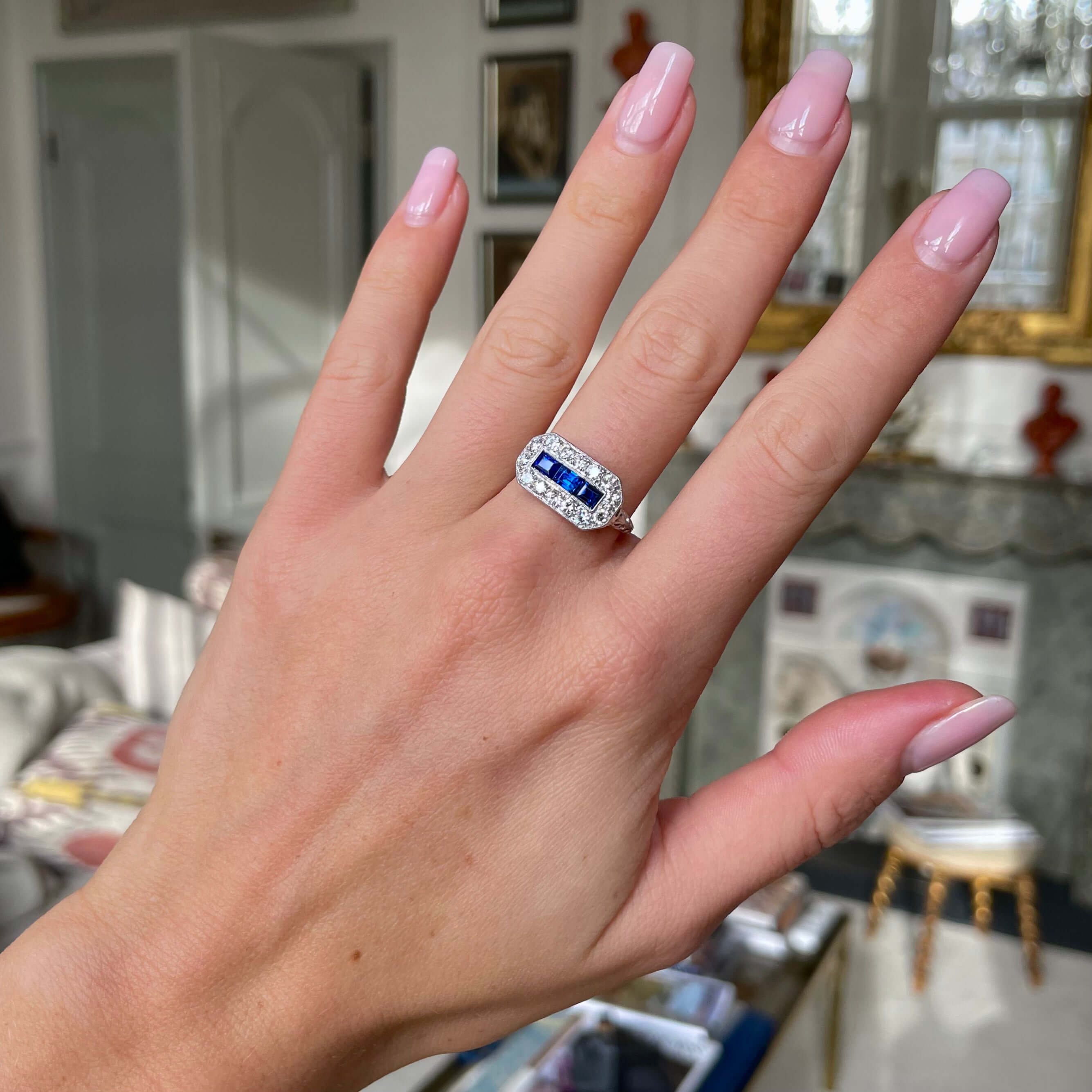 Luxury Jewelry Art Deco Halo Baguette & Round Cut Blue & White Sapphire Half Eternity Wedding Band For Women