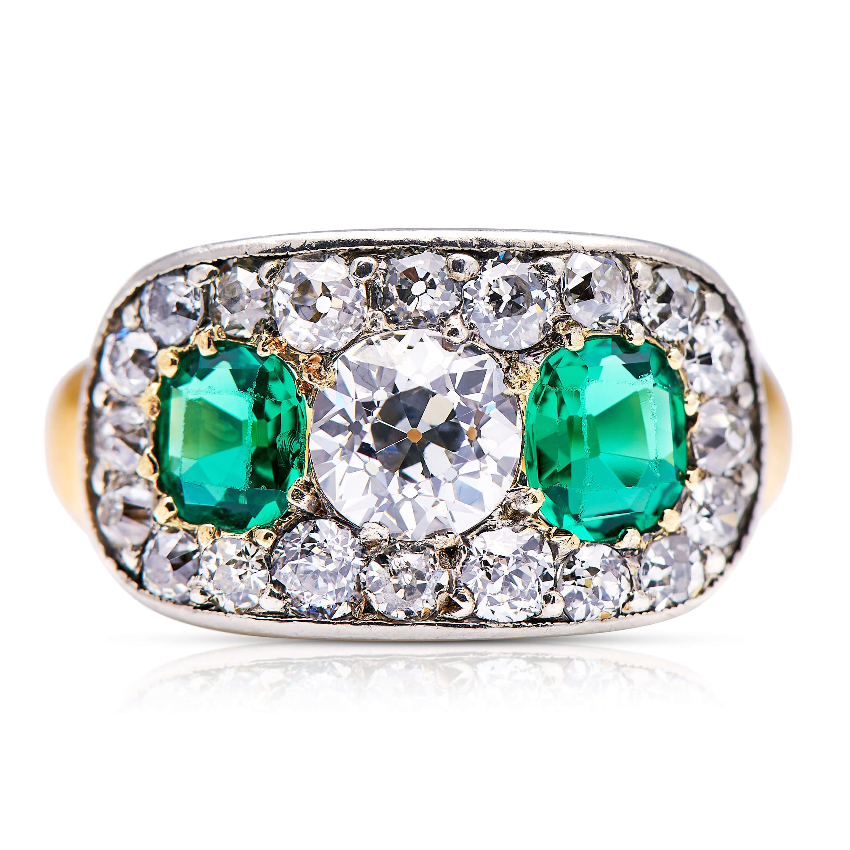 Luxury Jewelry Antique Design Two Tone Halo Round & Cushion Cut Emerald & White Sapphire Half Eternity Wedding Band For Women