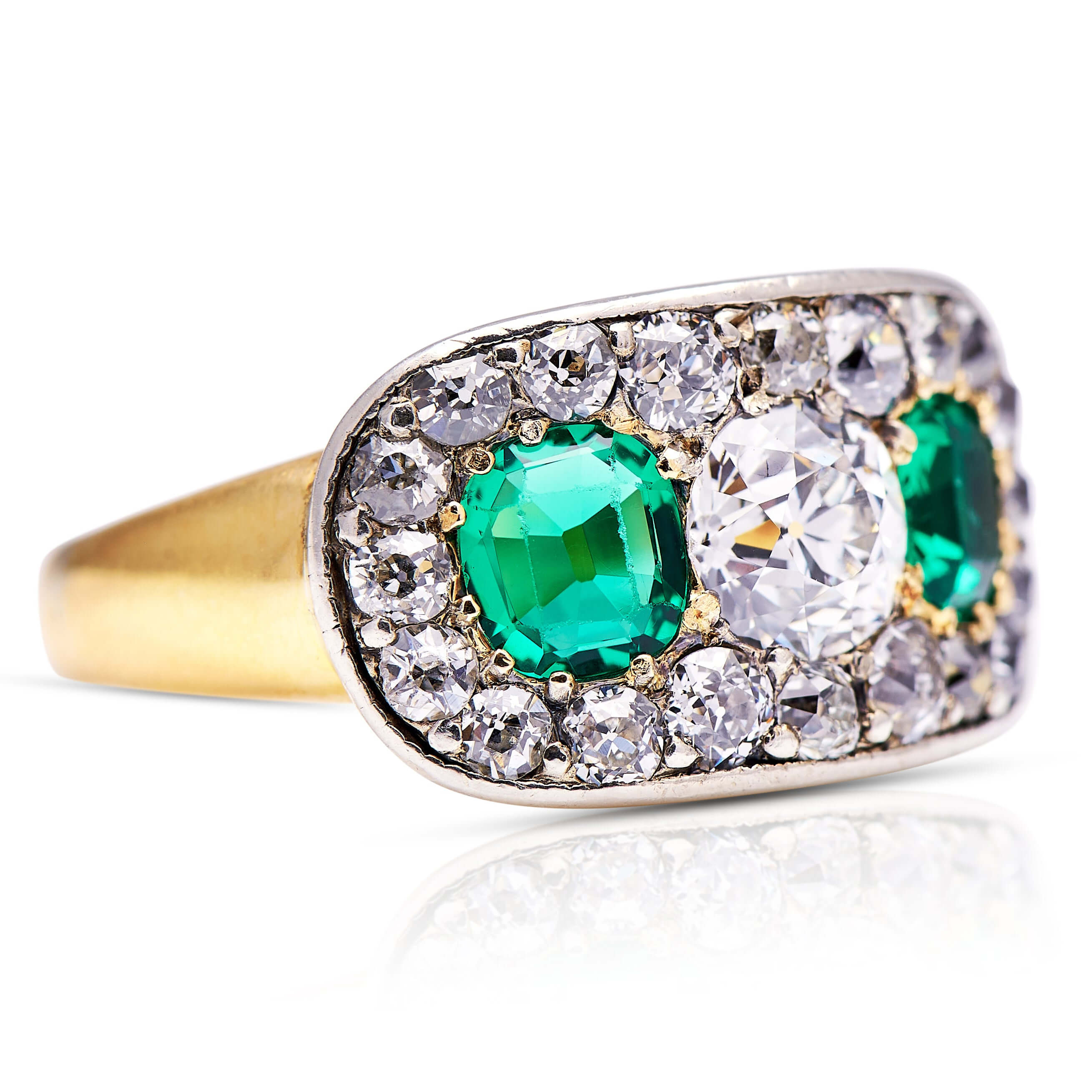 Luxury Jewelry Antique Design Two Tone Halo Round & Cushion Cut Emerald & White Sapphire Half Eternity Wedding Band For Women