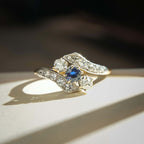 Luxury Jewelry Unique Design Two Tone Halo Round Cut Blue & White Sapphire Engagement Rings
