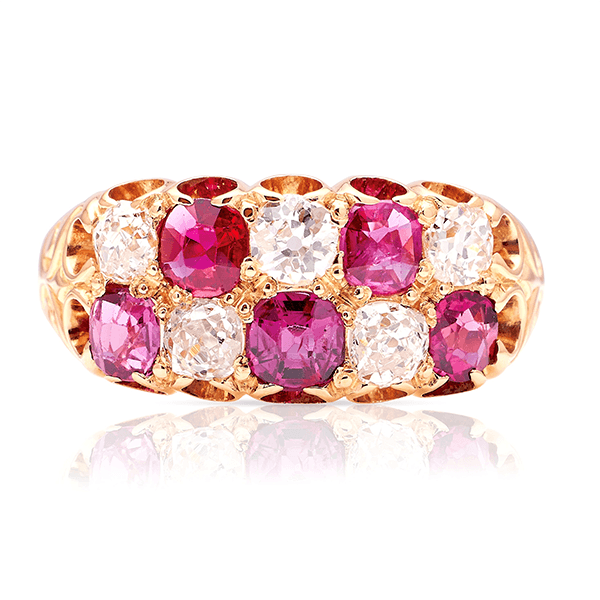 Luxury Jewelry Vintage Design Golden Cushion Cut Ruby & White Sapphire Half Eternity Wedding Band For Women
