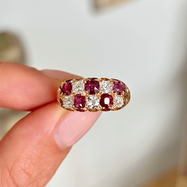 Luxury Jewelry Vintage Design Golden Cushion Cut Ruby & White Sapphire Half Eternity Wedding Band For Women