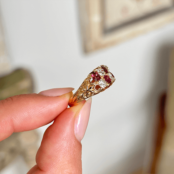 Luxury Jewelry Vintage Design Golden Cushion Cut Ruby & White Sapphire Half Eternity Wedding Band For Women