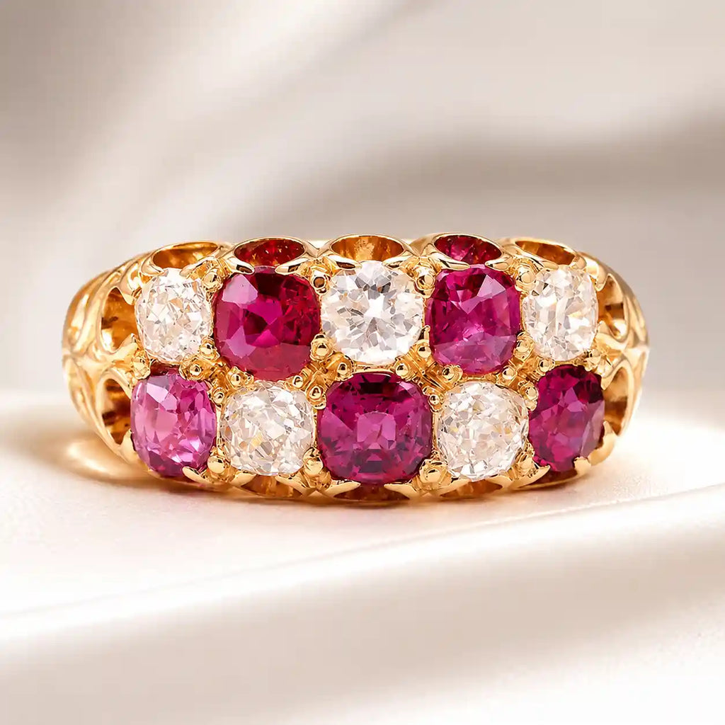 Luxury Jewelry Vintage Design Golden Cushion Cut Ruby & White Sapphire Half Eternity Wedding Band For Women