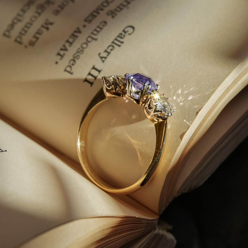Luxury Jewelry Three Stone Two Tone Round Cut Blue & White Sapphire Engagement Rings