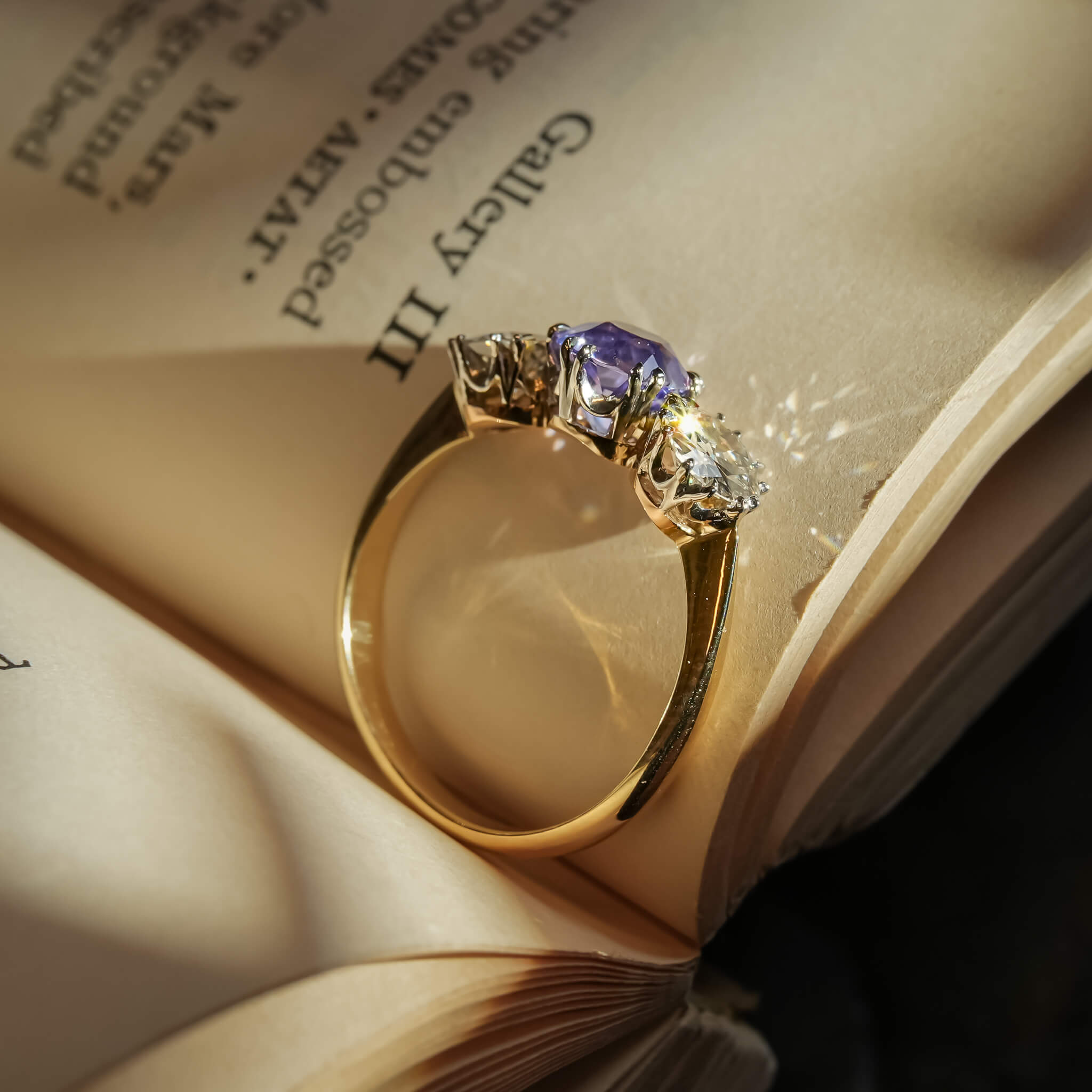 Luxury Jewelry Three Stone Two Tone Round Cut Blue & White Sapphire Engagement Rings
