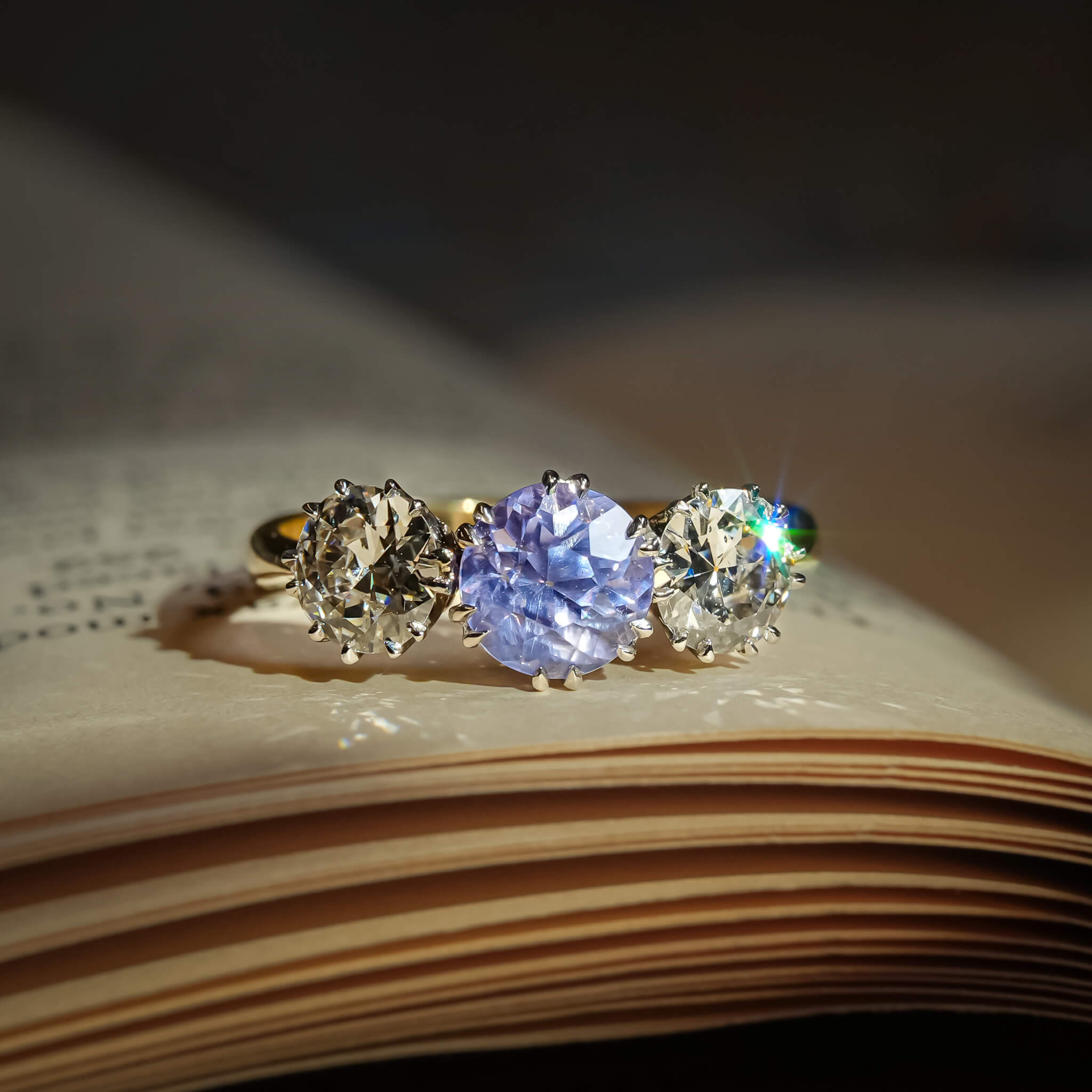 Luxury Jewelry Three Stone Two Tone Round Cut Blue & White Sapphire Engagement Rings