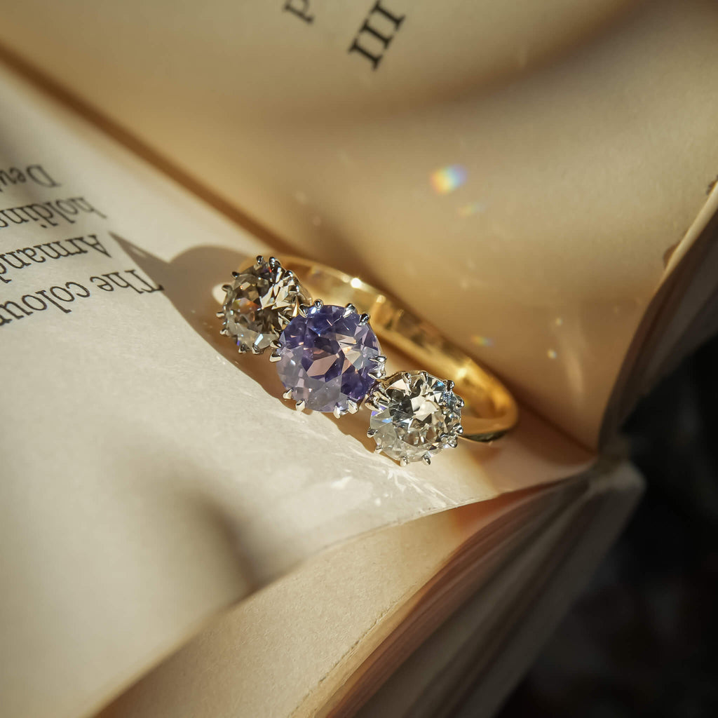 Luxury Jewelry Three Stone Two Tone Round Cut Blue & White Sapphire Engagement Rings