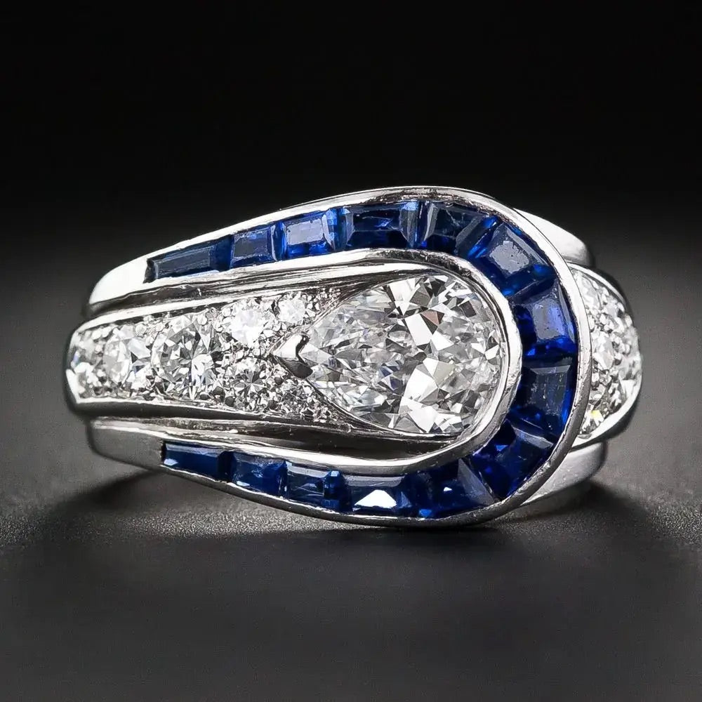 Luxury Jewelry Art Deco Halo Pear Cut White & Blue Sapphire Engagement Rings
