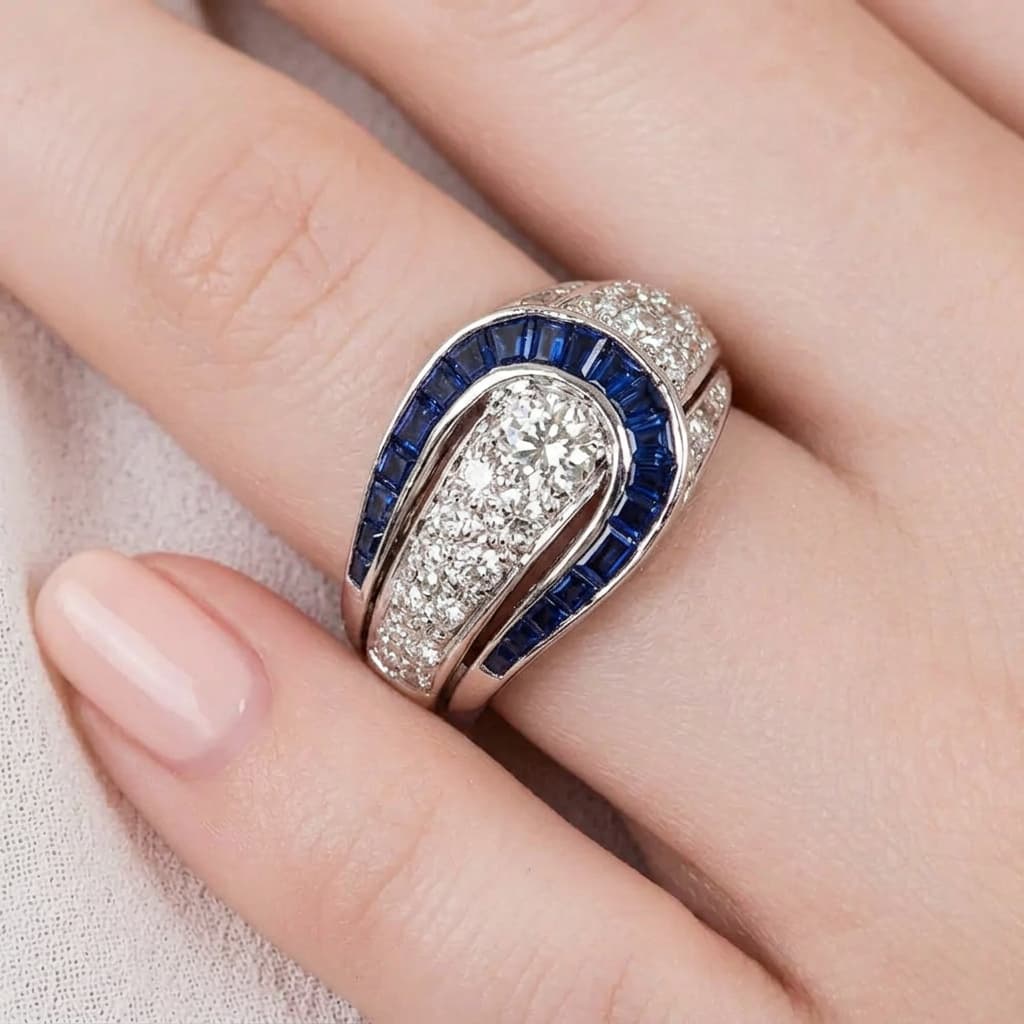 Luxury Jewelry Art Deco Halo Pear Cut White & Blue Sapphire Engagement Rings