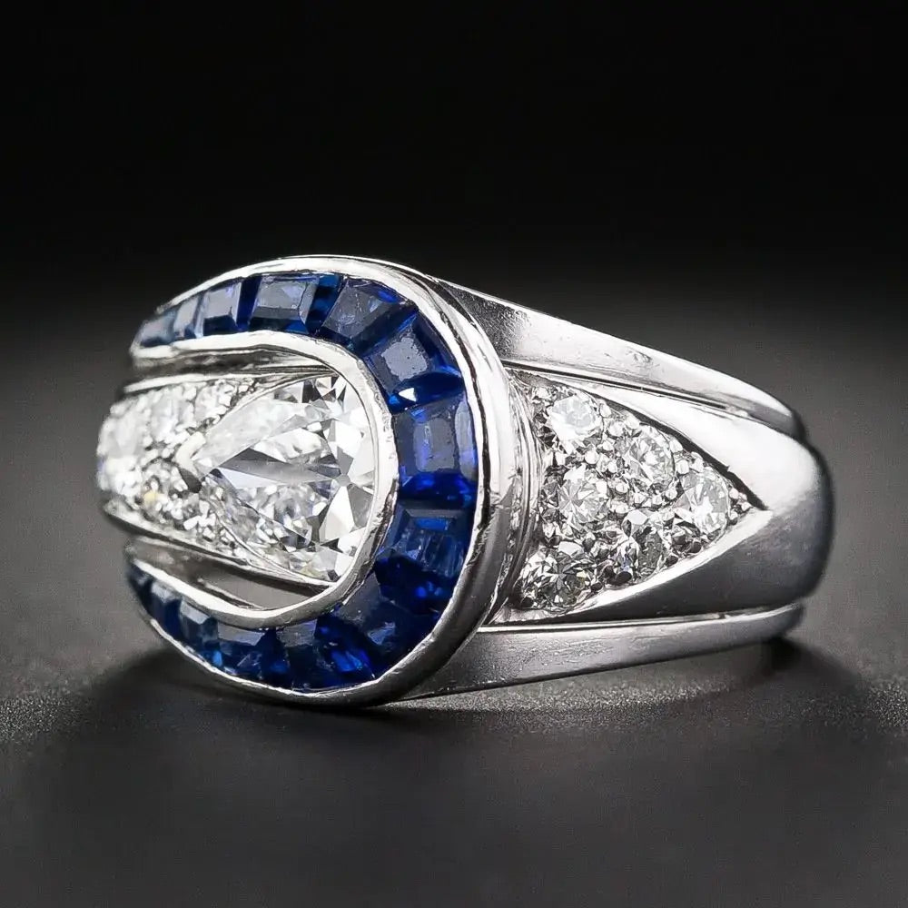 Luxury Jewelry Art Deco Halo Pear Cut White & Blue Sapphire Engagement Rings