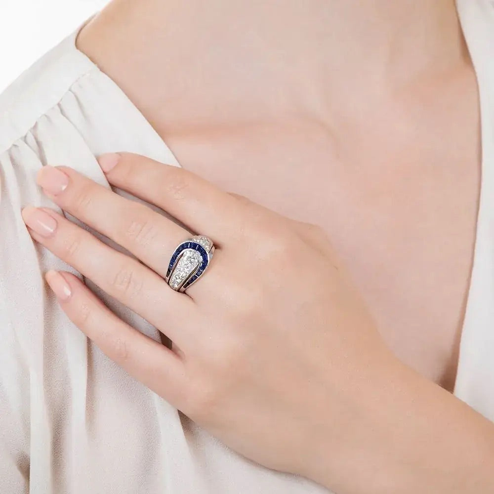 Luxury Jewelry Art Deco Halo Pear Cut White & Blue Sapphire Engagement Rings