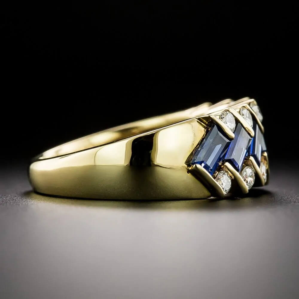Luxury Jewelry Art Deco Golden Baguette & Round Cut White & Blue Sapphire Half Eternity Wedding Band For Women