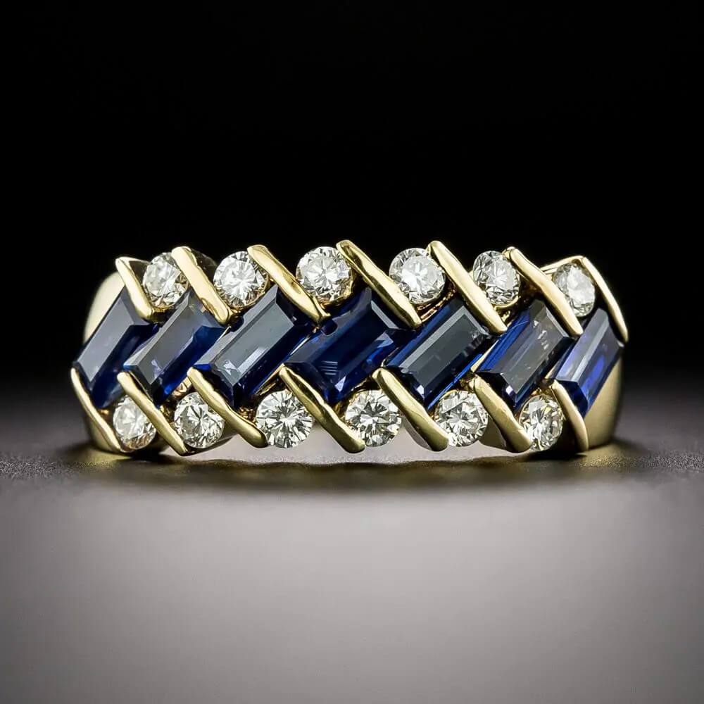 Luxury Jewelry Art Deco Golden Baguette & Round Cut White & Blue Sapphire Half Eternity Wedding Band For Women