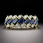 Luxury Jewelry Art Deco Golden Baguette & Round Cut White & Blue Sapphire Half Eternity Wedding Band For Women