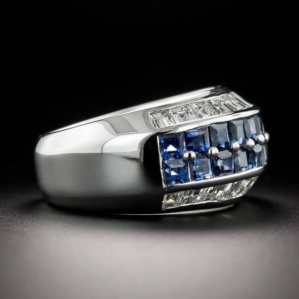 Luxury Jewelry Classic Asscher Cut White & Blue Sapphire Half Eternity Wedding Band For Women