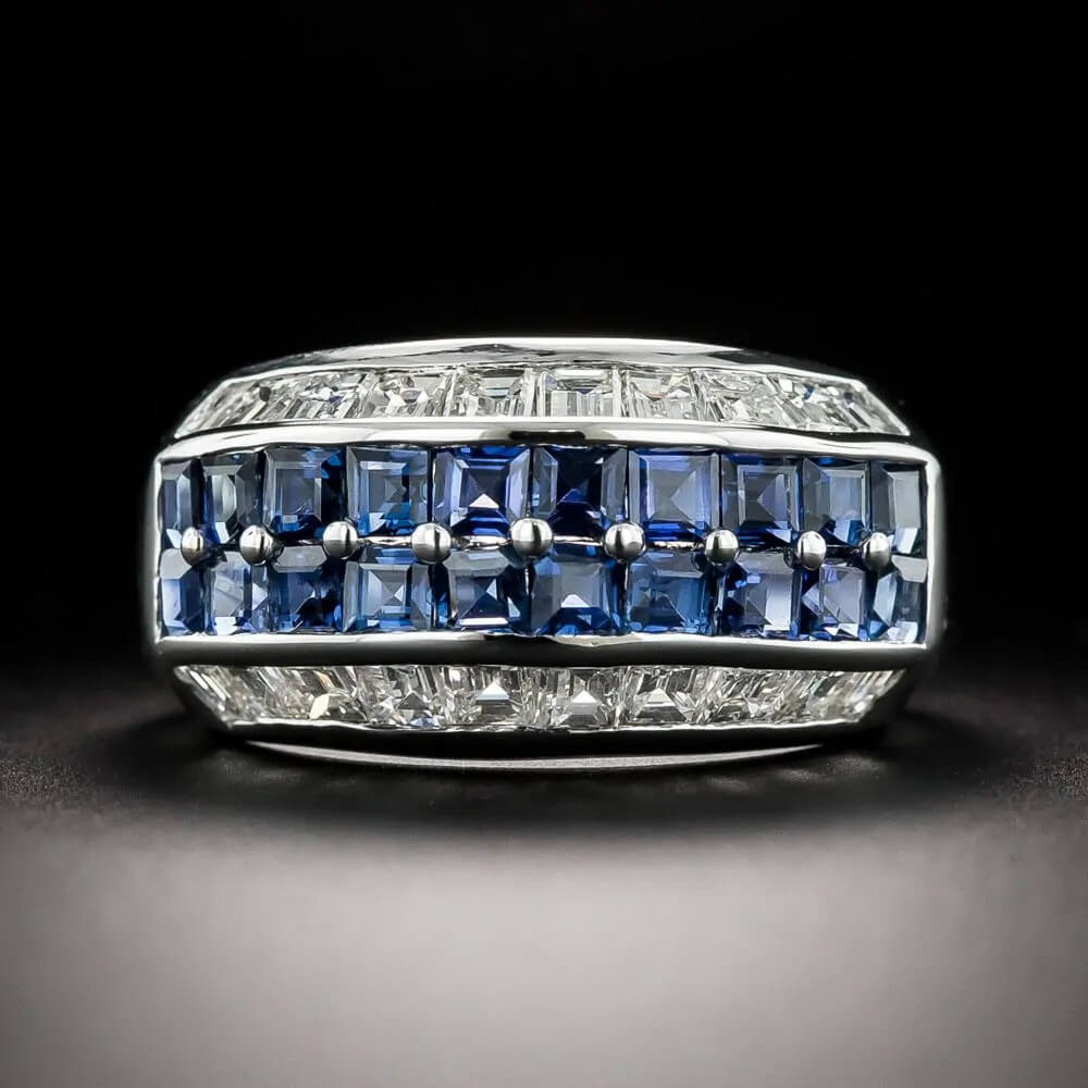 Luxury Jewelry Classic Asscher Cut White & Blue Sapphire Half Eternity Wedding Band For Women