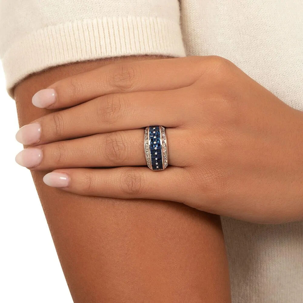 Luxury Jewelry Classic Asscher Cut White & Blue Sapphire Half Eternity Wedding Band For Women