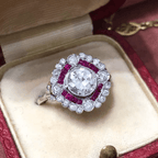 Luxury Jewelry Art Deco Halo Bezel Round Cut White & Ruby Sapphire Engagement Rings