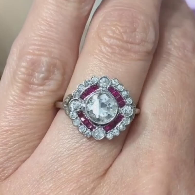 Luxury Jewelry Art Deco Halo Bezel Round Cut White & Ruby Sapphire Engagement Rings