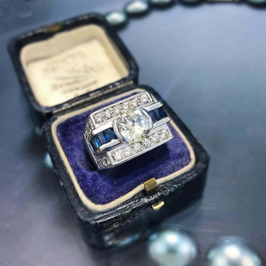 Luxury Jewelry Art Deco Round Cut White & Blue Sapphire Engagement Rings