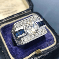 Luxury Jewelry Art Deco Round Cut White & Blue Sapphire Engagement Rings