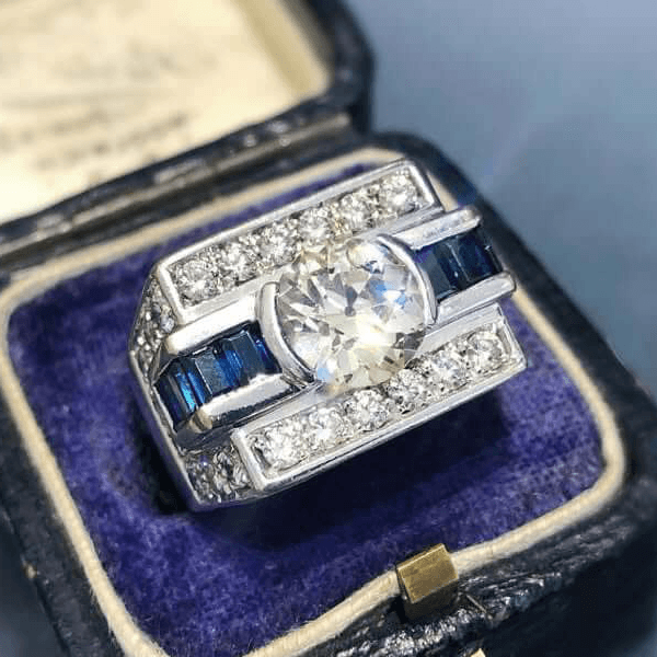 Luxury Jewelry Art Deco Round Cut White & Blue Sapphire Engagement Rings