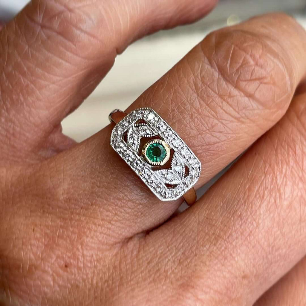 Vintage Two Tone Round Cut Emerald & White Sapphire Engagement Rings